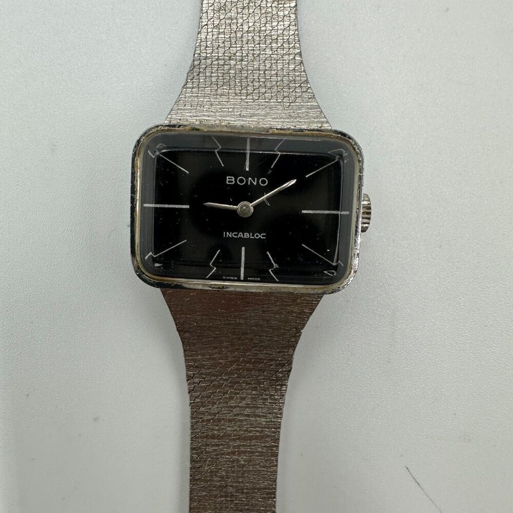 Vintage Bono Watch Women Silver Tone Black Dial Damaged Band Manual Wind 7.5"